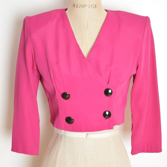 vintage 80s jacket fucshia pink crop top strong shoulder cropped blazer S - Picture 2 of 8